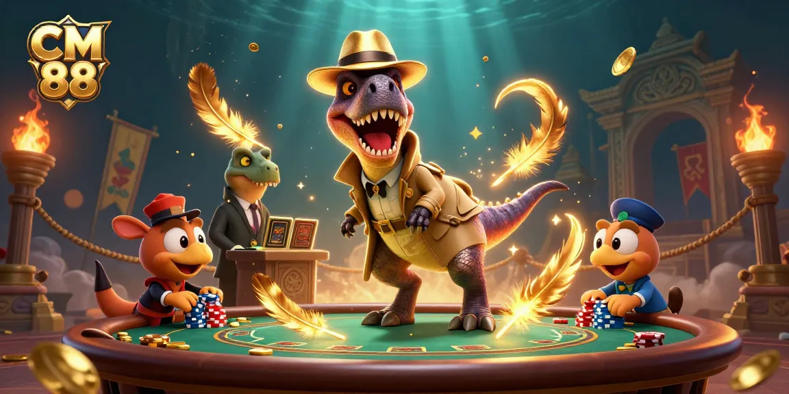 Experience the excitement of CM 88 with this vibrant gambling scene featuring a velociraptor at a blackjack table.