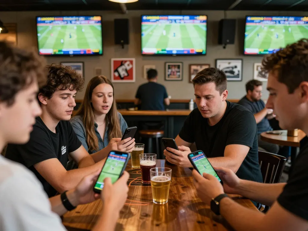 Engaged bettors using smartphones for LODE88 mobile sports betting while enjoying the game.