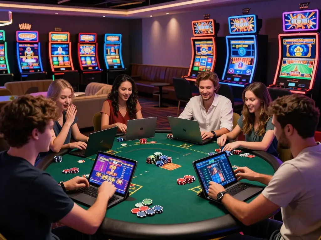 Engaged players enjoying the gi8 online gambling experience surrounded by vibrant digital slot machines.