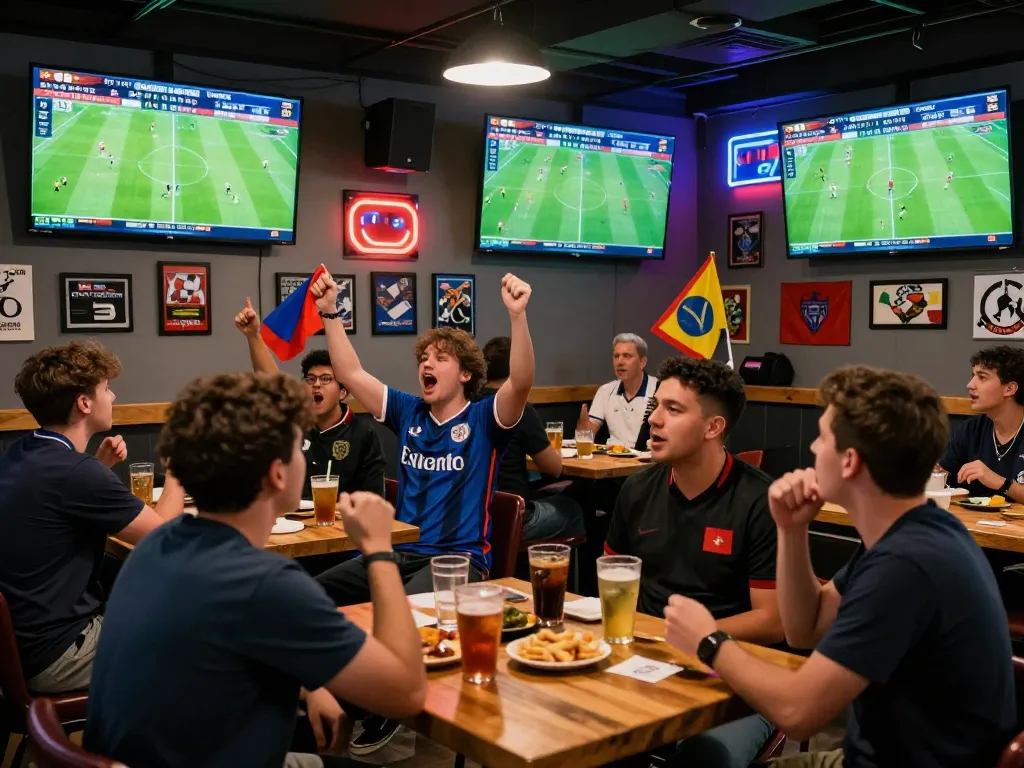 Exciting atmosphere showing tỷ lệ kèo nhà cái updates during a live football match in a sports bar.