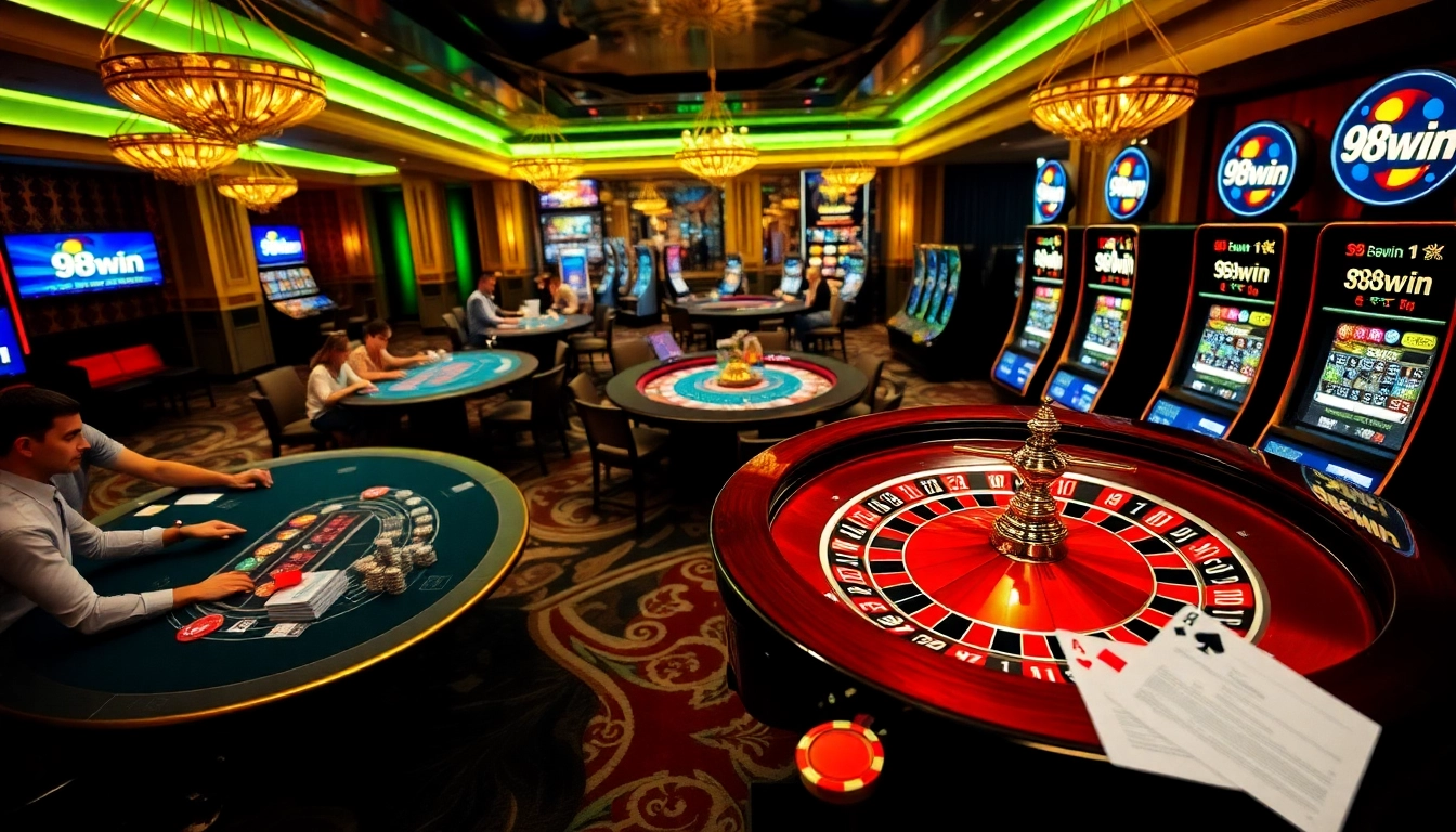 Exciting gambling scene at 98win trang chủ featuring blackjack tables and vibrant slot machines.
