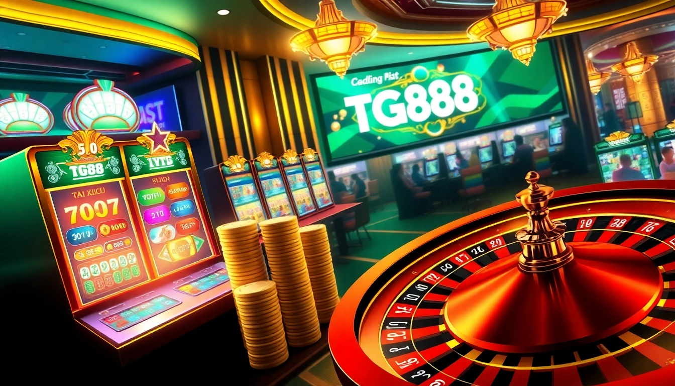 Experience the excitement of tg88 with players engaging at a luxury casino filled with vibrant slot machines and roulette tables.