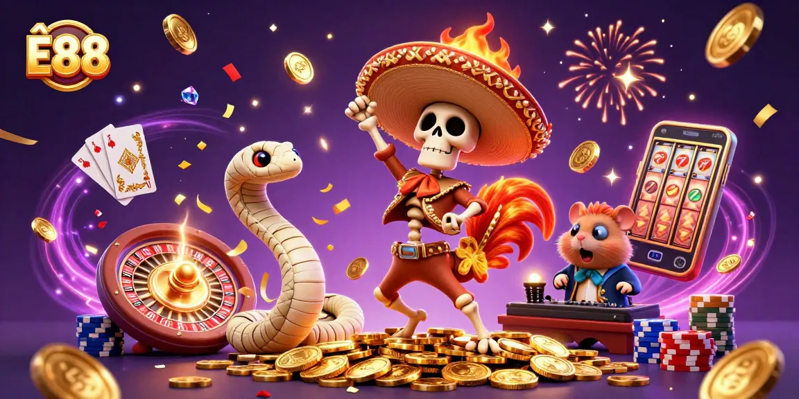 Ê88 brings excitement with a vibrant casino scene featuring golden coins, festive characters, and engaging games.