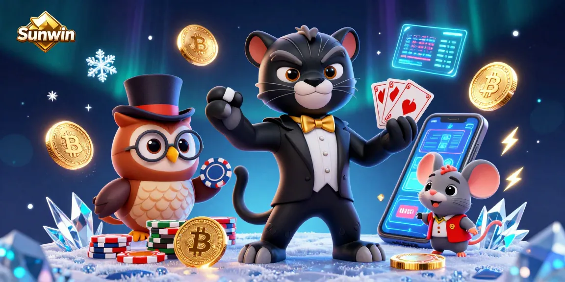 Sunwin gaming scene featuring a stylish panther, owl, and mouse playing cards amid cryptocurrency elements.