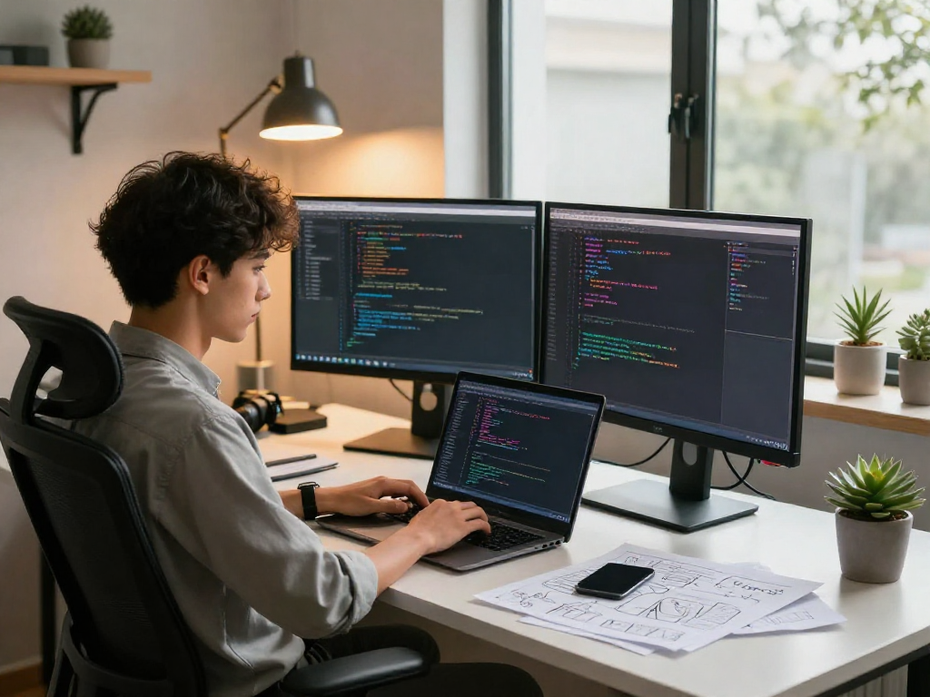 Software engineer coding in a dynamic workspace for ia +18, featuring dual monitors and vibrant decor.