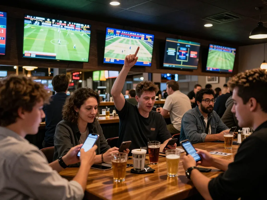 Tỷ Lệ Kèo Nhà Cái in action at a sports bar, patrons placing bets on smartphones while watching live matches.