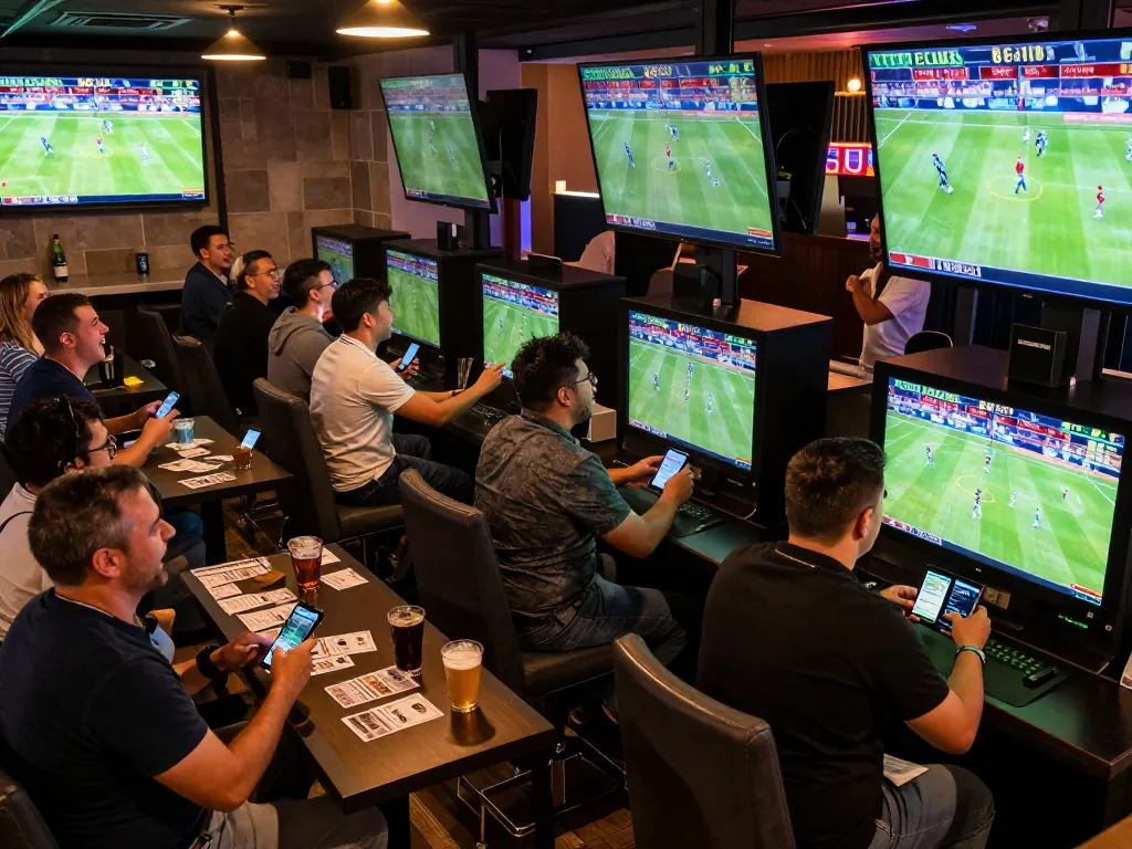 Exciting sports betting moment at 88CLUB showing enthusiastic bettors placing bets on their devices.