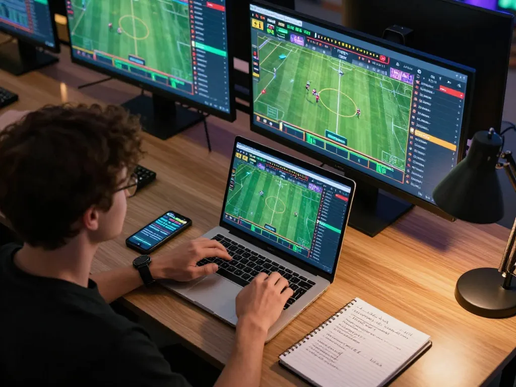 Engaged player analyzing keonhacai betting strategies on multiple screens in a modern workspace