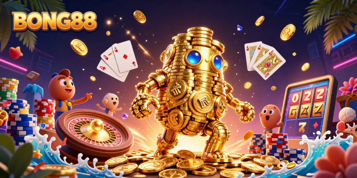 Experience thrilling gameplay with BONG88's vibrant casino animation showcasing games and prizes.