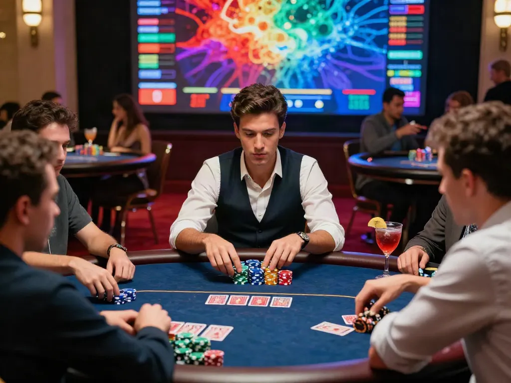 Engaged players at a poker table on 11bet.com, showcasing the high-stakes atmosphere in a luxurious casino.