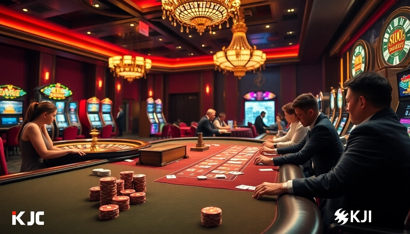 KJC gaming excitement captured with poker tables, roulette wheel, and bright slot machines.