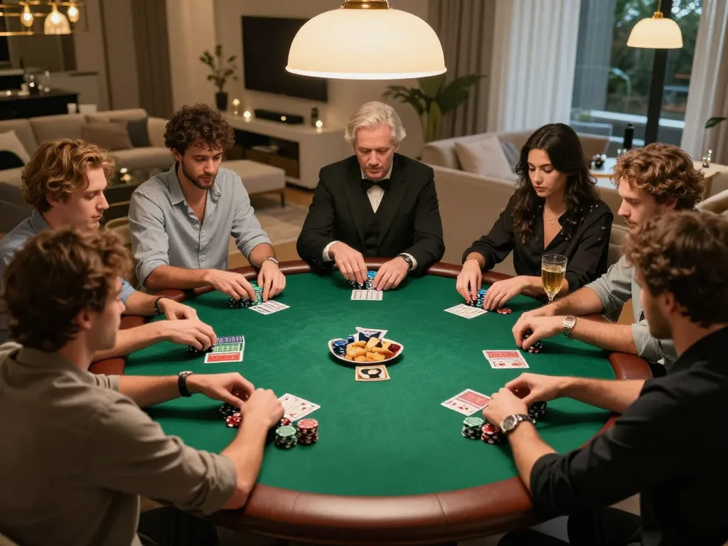 v788 players engaged in intense poker game at a luxurious home, enhancing the social gambling experience.