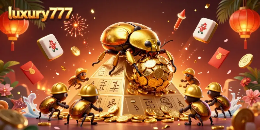 Win big with luxury777's vibrant 3D illustration of a golden beetle collecting coins.