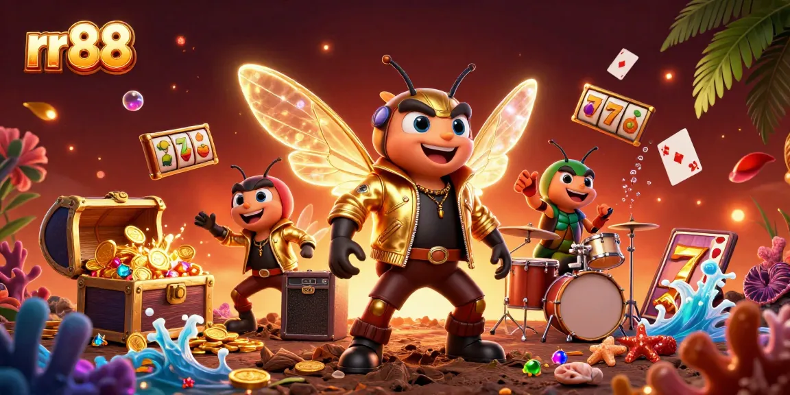 Experience the excitement of rr 88 slots with dynamic 3D rock star characters and vibrant casino elements.