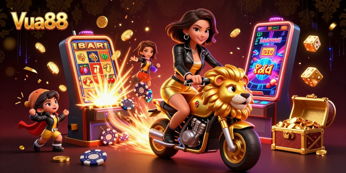 Experience excitement at Vua88 with a glamorous woman riding a golden lion mascot amidst casino elements.