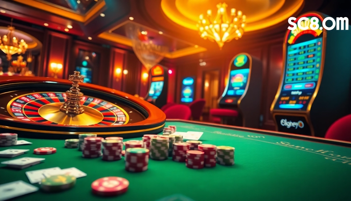 Experience the thrill of SC88COM with a vibrant display of casino elements including a roulette wheel and poker chips.