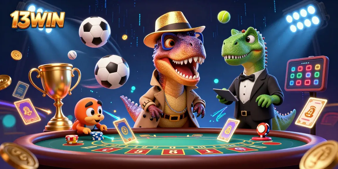 Engaging 3D cartoon illustration of a velociraptor at the 13WIN blackjack table amidst sports elements, showcasing dynamic gaming action.
