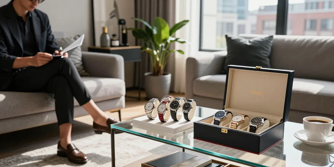 Admiring replica watches in a stylish urban apartment, showcasing luxury and craftsmanship.