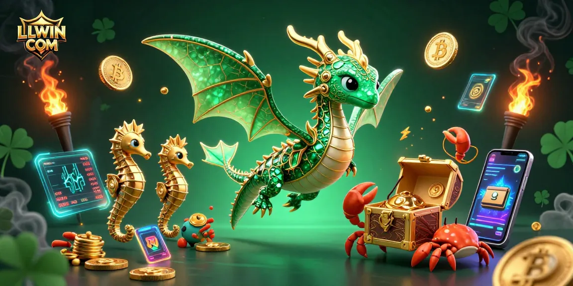 Experience thrilling gameplay with LLWIN COM in this vibrant 3D casino scene featuring a sea dragon and crypto elements.