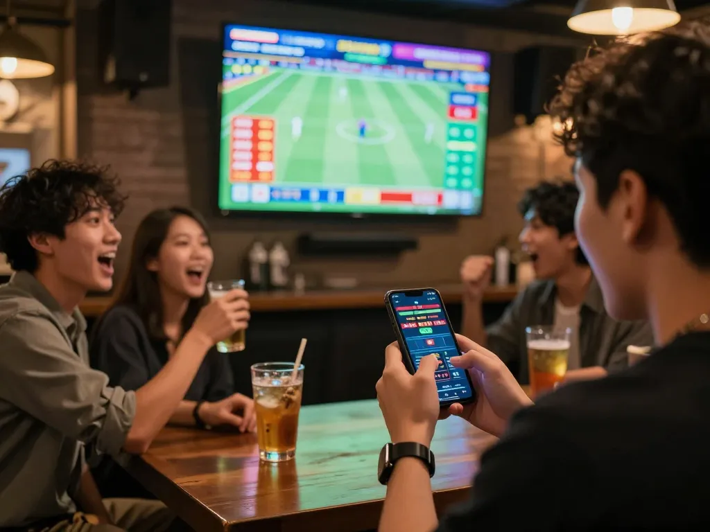 Cá Độ Bóng Đá Online betting scene with friends celebrating during a live match.