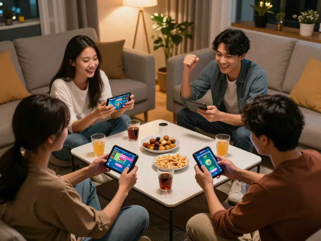 Friends playing Lô Đề Online on mobile devices during a lively game night at home.
