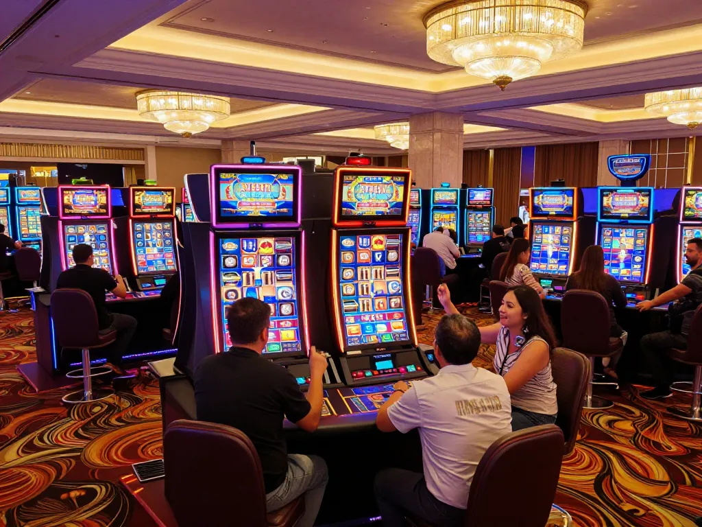 Players enjoying vibrant slot machines at QH88go online casino, showcasing thrilling gameplay.