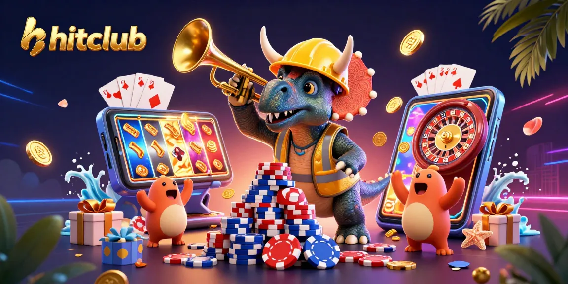 Witness hitclub's excitement with a triceratops building poker chips, celebrating victories in this vibrant casino scene.