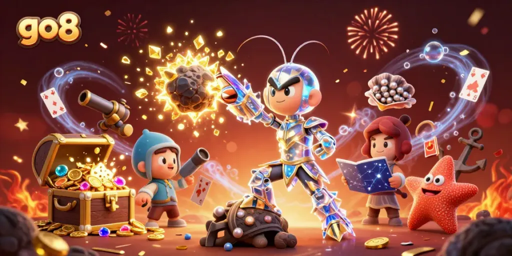 Experience the thrill of go8 gaming with vibrant 3D characters amidst festive casino elements.