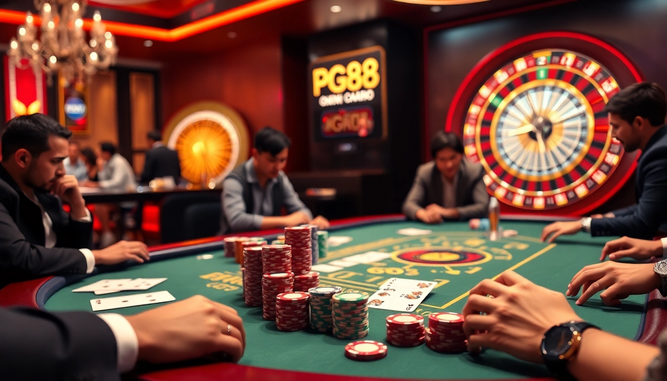 Players elevate their game at PG88's luxurious poker table, featuring vibrant chips and a thrilling roulette backdrop.
