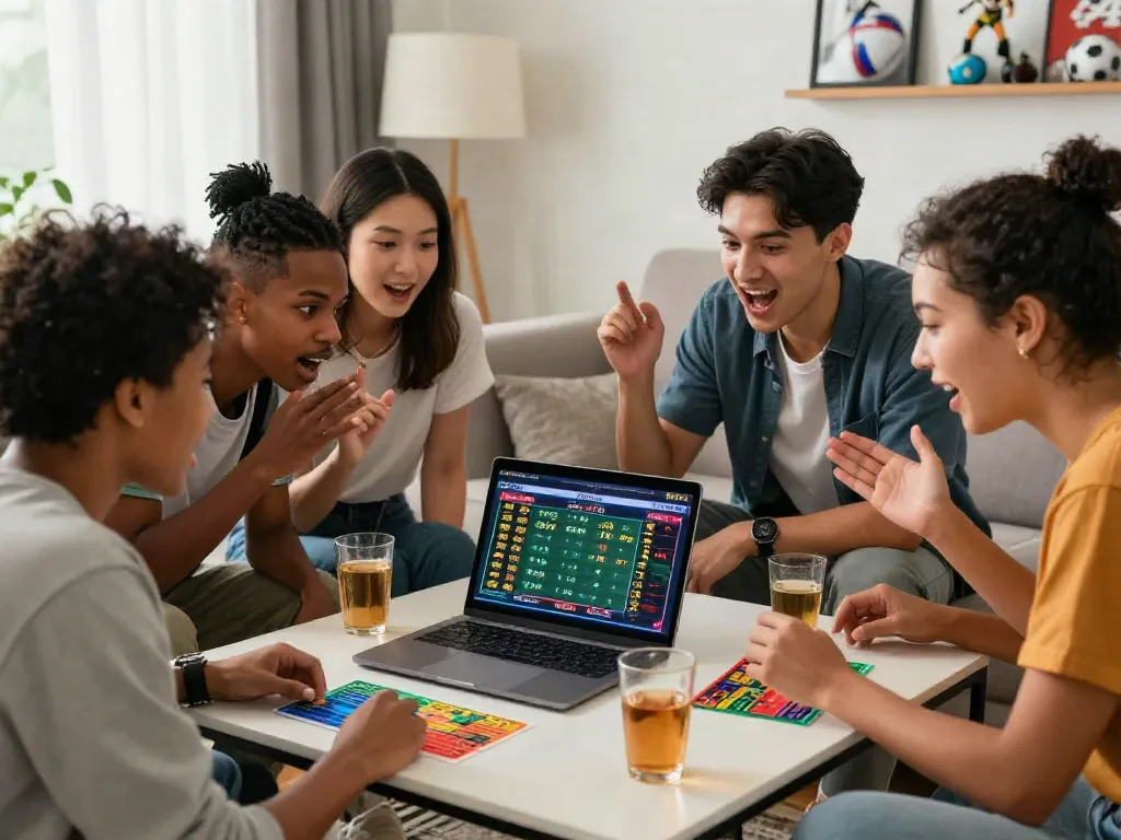 Friends engaging in online betting at home, showcasing excitement and camaraderie with C168.