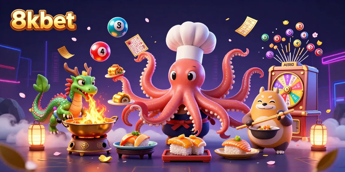 Join the action at 8kbet with dynamic games as a sushi octopus chef prepares dishes surrounded by vibrant casino elements.