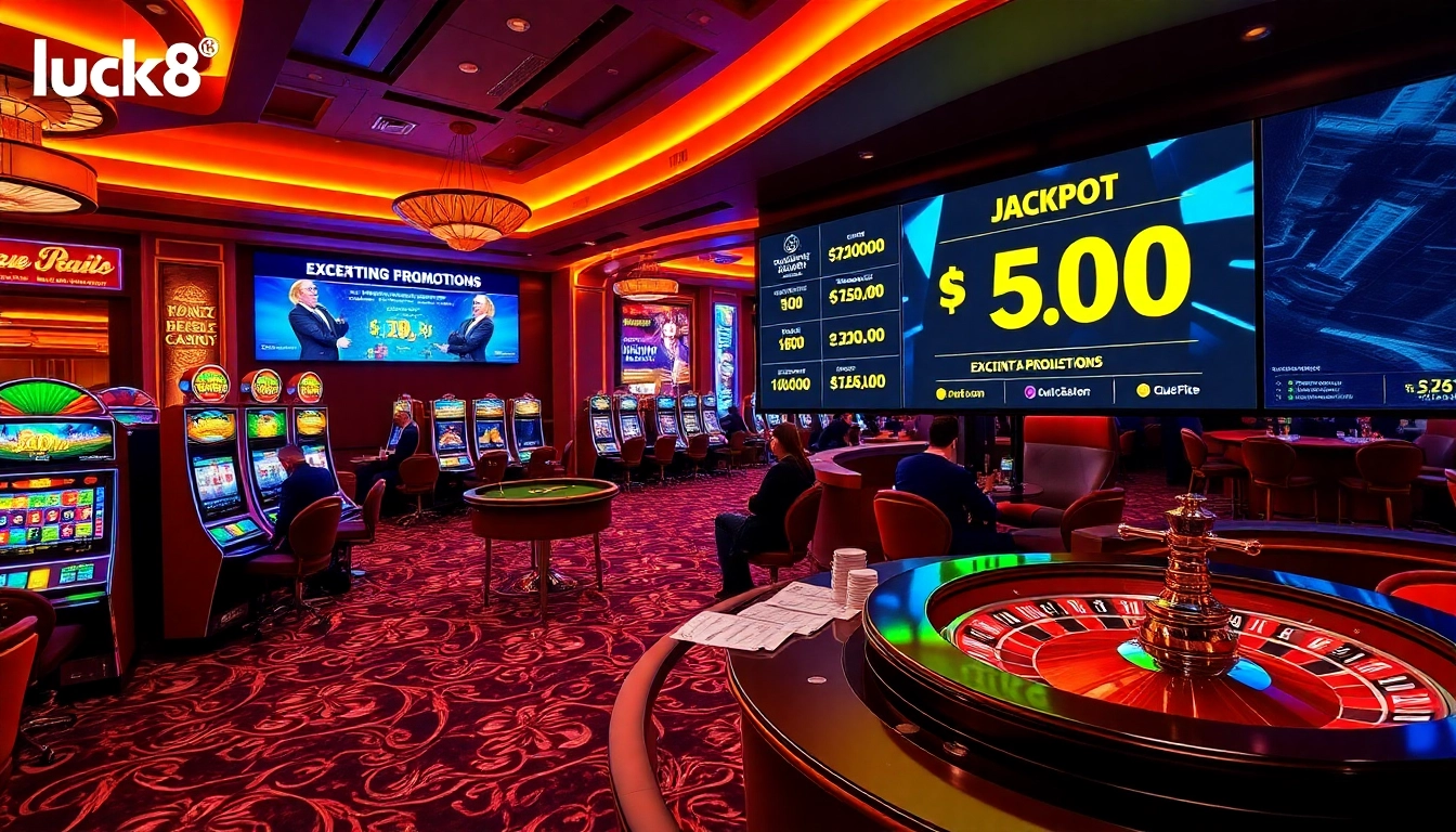 Experience excitement at luck8 with glamorous casino tables and vibrant slot machines.