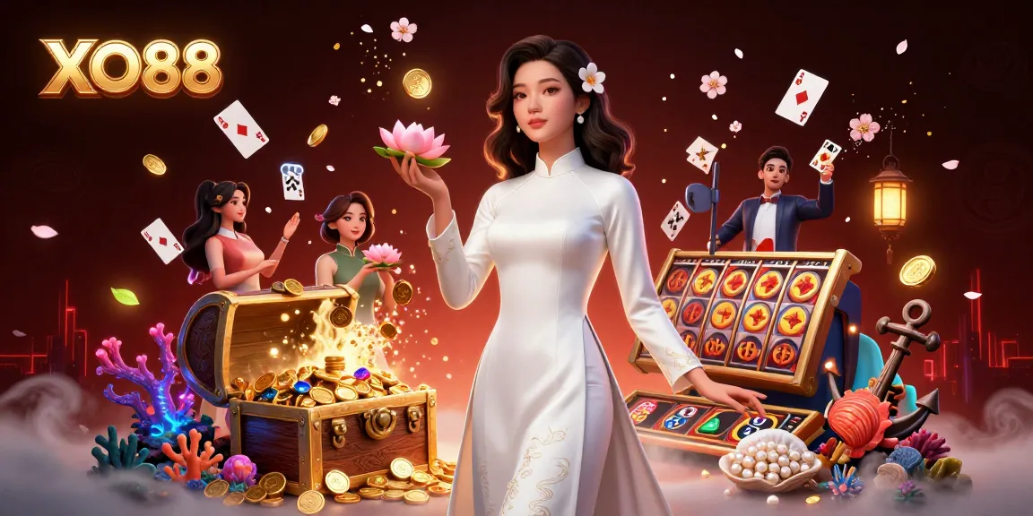 Engage with XO88's vibrant 3D casino scene, highlighting games and rewards through stunning visuals.
