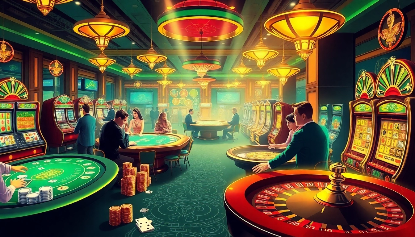 Win big at l444 with a dynamic casino scene featuring players at poker tables and vibrant slot machines.