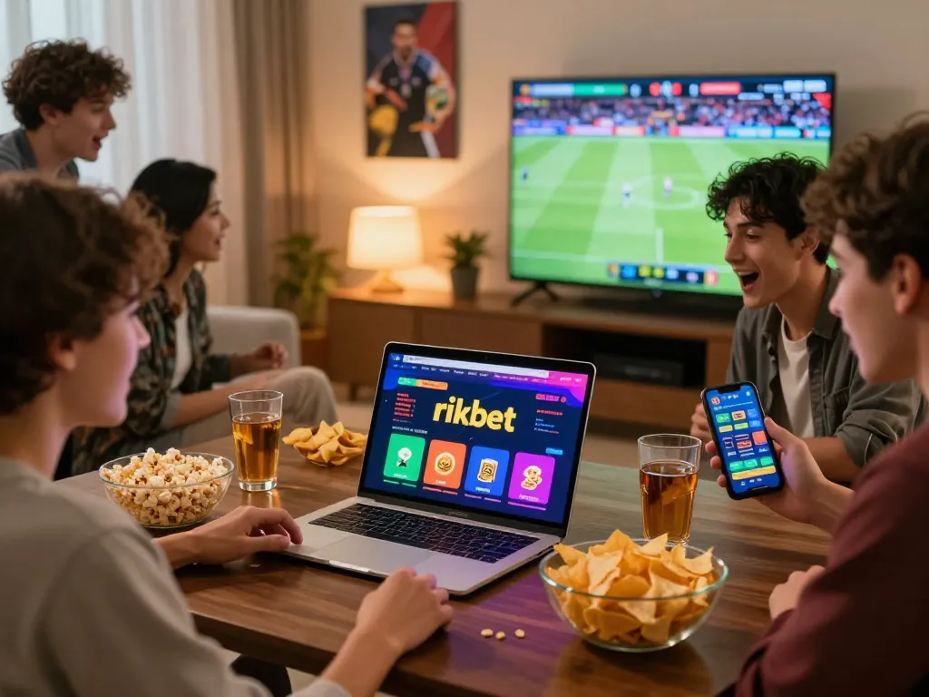 Friends enjoying online betting on rikbet platform during a sports event.