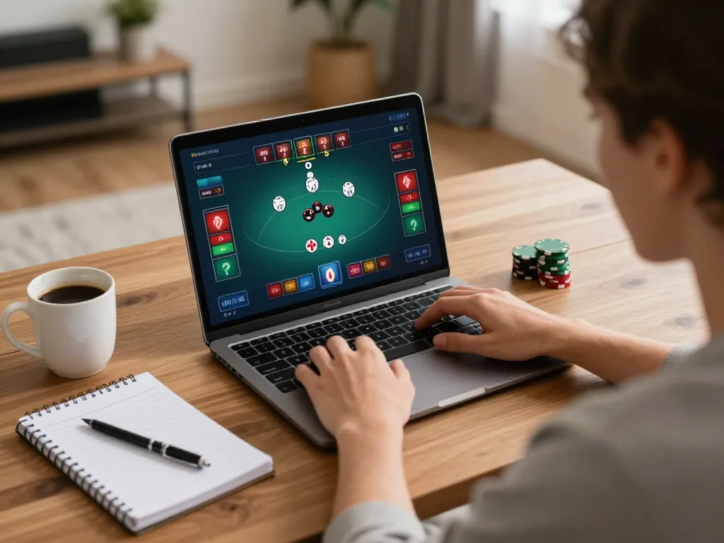 Engaging in strategic gameplay on 68wingame poker platform at home with laptop and notes