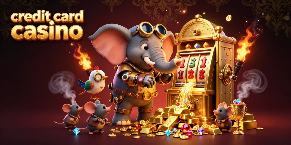 Experience vibrant action at credit card casino with a steampunk elephant operating a gold slot machine.