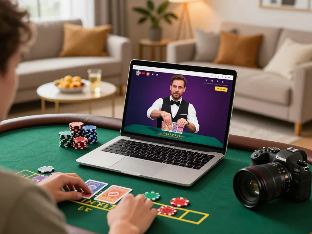 Engaging in a live dealer blackjack game on a laptop while strategically betting with king79 chips in a cozy home setup.