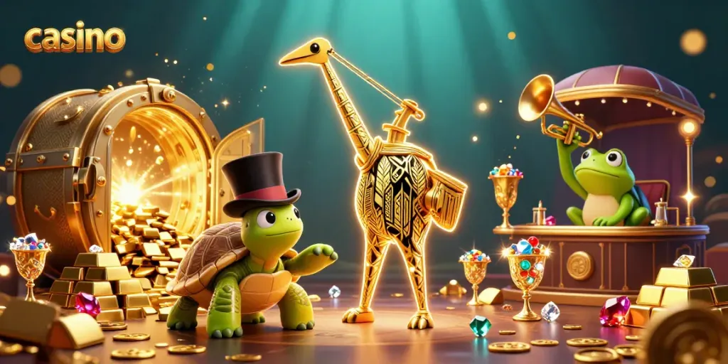 Experience the vibrant casino scene with dynamic characters and golden treasures in a lively atmosphere
