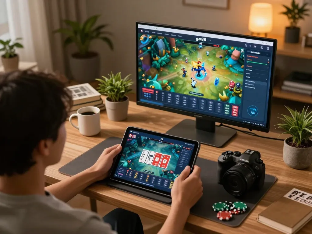 Engaging with game bài go88 at home using a tablet in a cozy environment