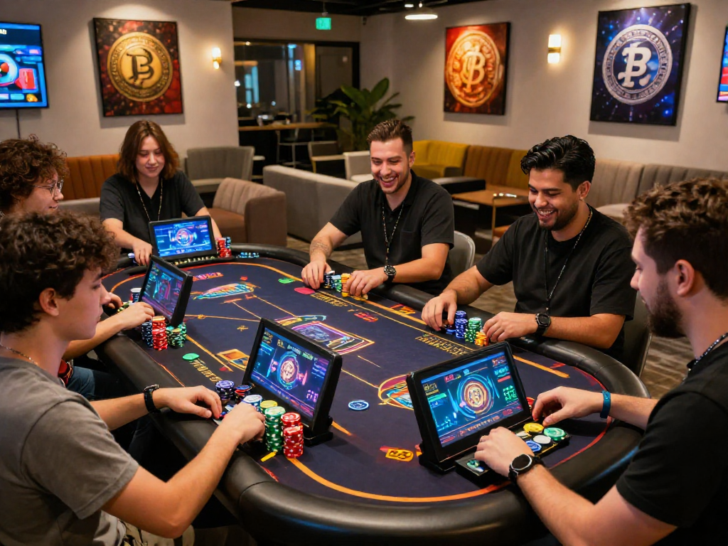 Engaged players at a crypto casino gaming table, immersive experience with cryptocurrency elements.