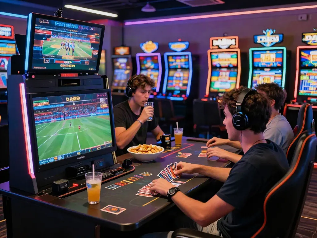 Friends enjoying gaming and sports betting at DA88, vibrant casino atmosphere.
