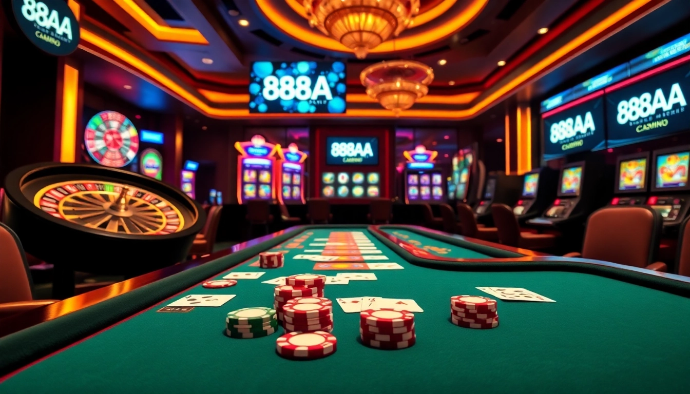 Experience the excitement of 88aa with vibrant gaming tables and luxury casino elements.