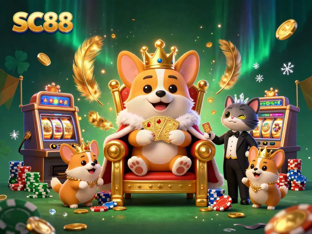 SC88 highlights a royal corgi on a poker chip throne amid vibrant casino elements.