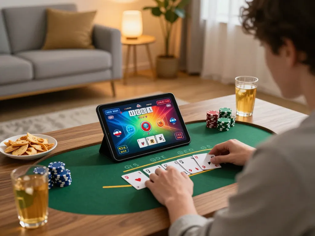 Player enjoying rikvip casino games on a tablet in a cozy home environment with snacks.