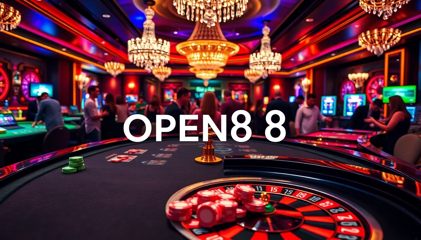 Experience the thrill of OPEN88 as players enjoy poker and roulette in a luxurious casino.