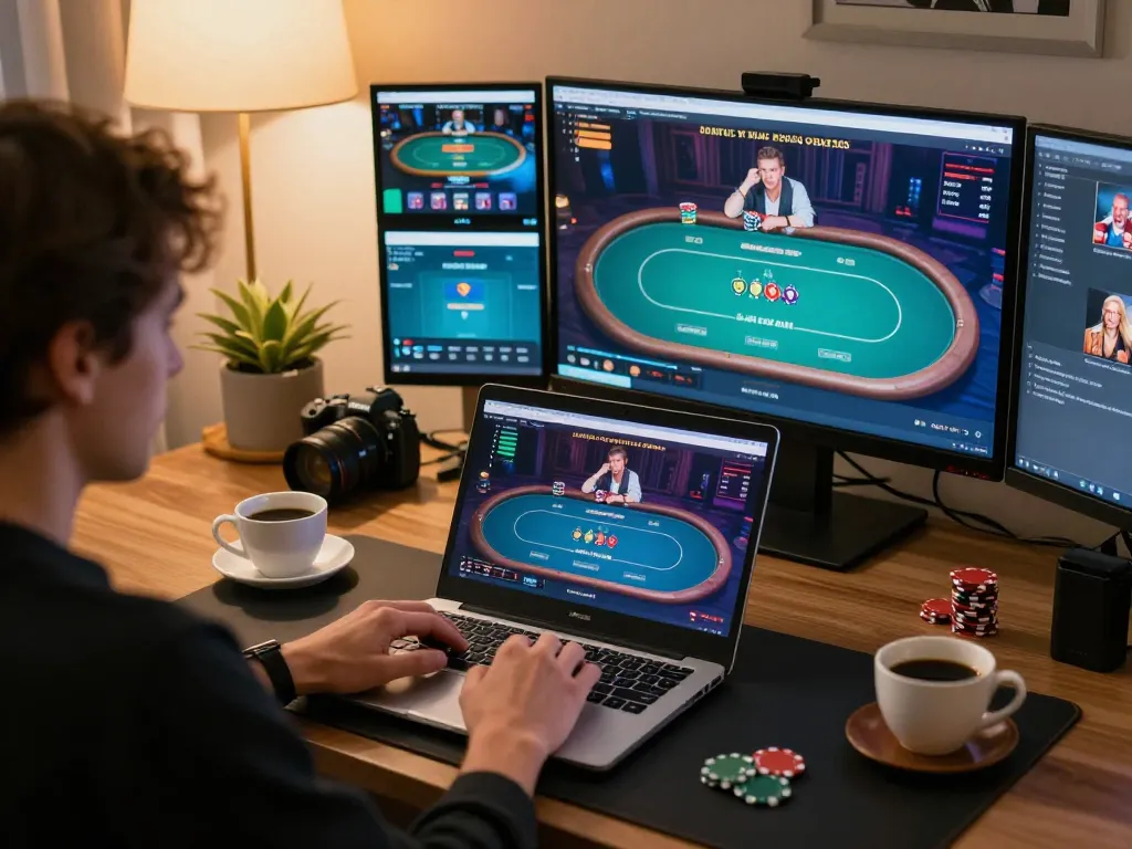 Player at lc88an strategizing poker moves in a cozy, stylish home office setting