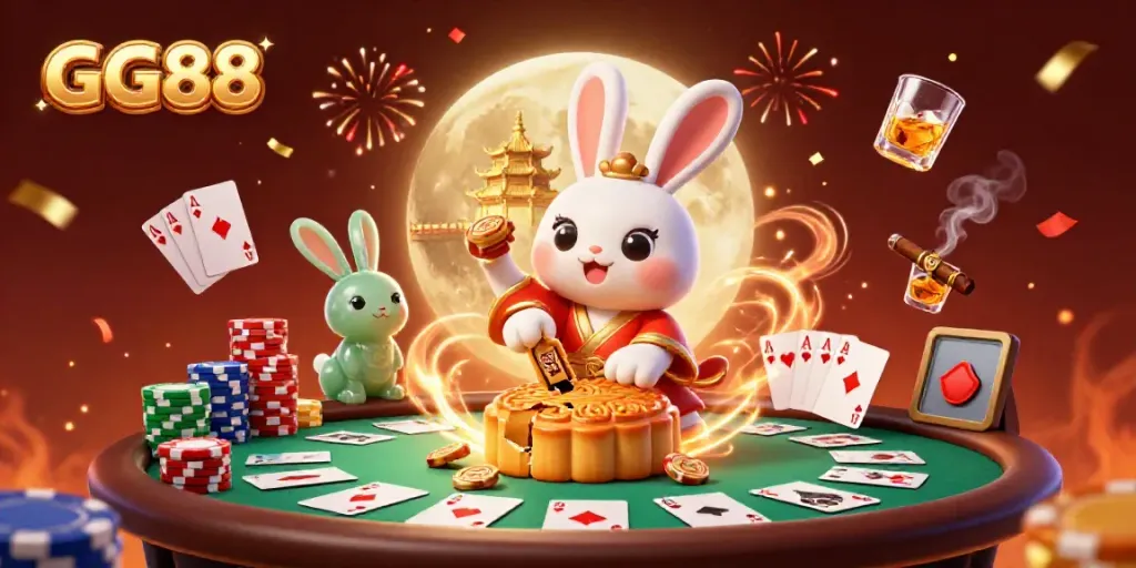 Experience the excitement of GG88 with a moon rabbit and poker chips in a vibrant casino scene.