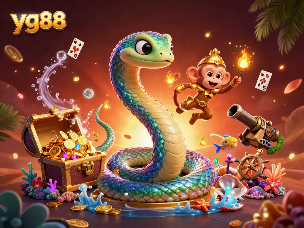 Enter the world of yg88 with an exciting treasure-filled underwater scene, featuring a vibrant rainbow serpent and monkey king.