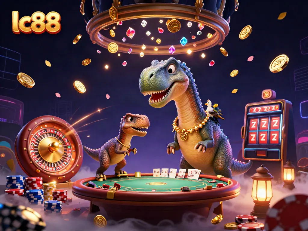 lc88 brings excitement to casino adventures with a brontosaurus and clever raptor dealing cards.